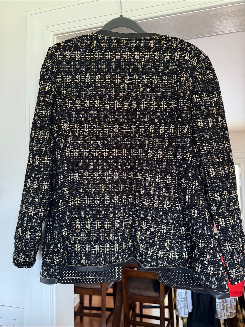 St. John Black & Cream Tweed Collarless Blazer with Leather Trim - Picture 3 of 3